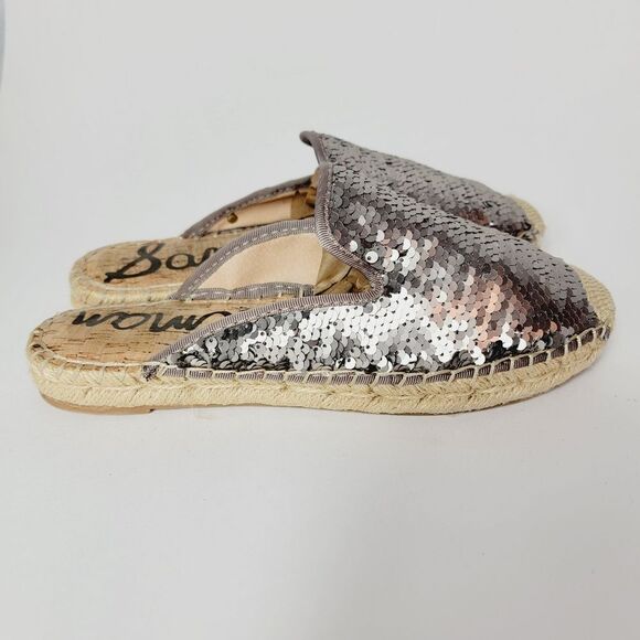 Sam Edelman Kerry Silver Sequin Mixed Media Slip On Espadrilles Mules Size 7 - Picture 5 of 10
